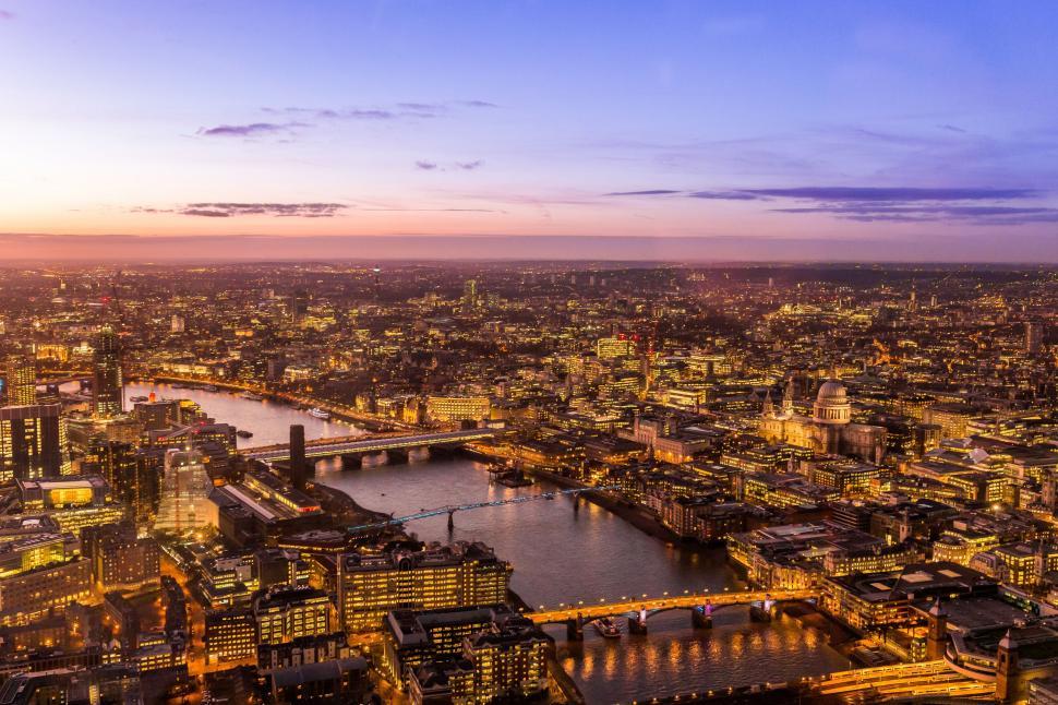 aerial view of london city in the evening
